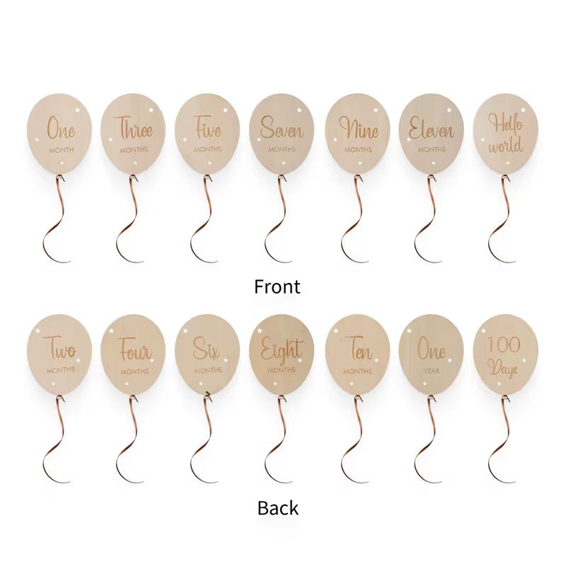 7PCS Newborn Wooden Balloon Milestone English 1 - 12 Month Wooden Card Baby Milestone Photography Props Birthday Party Decoration - FLUFFI