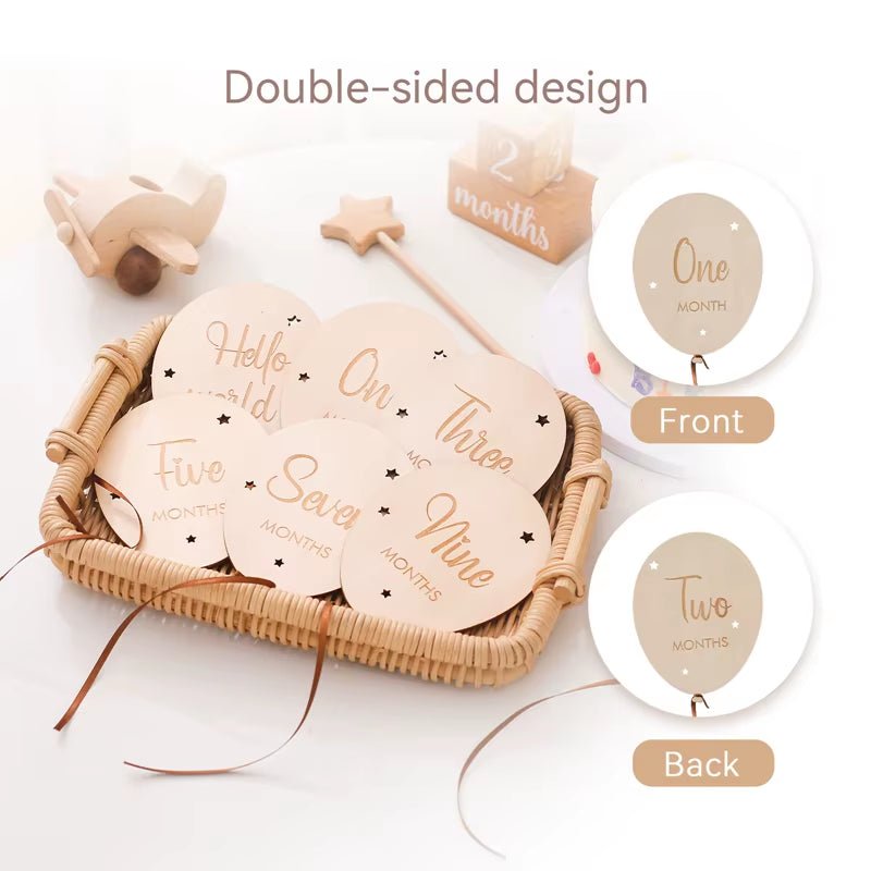 7PCS Newborn Wooden Balloon Milestone English 1 - 12 Month Wooden Card Baby Milestone Photography Props Birthday Party Decoration - FLUFFI