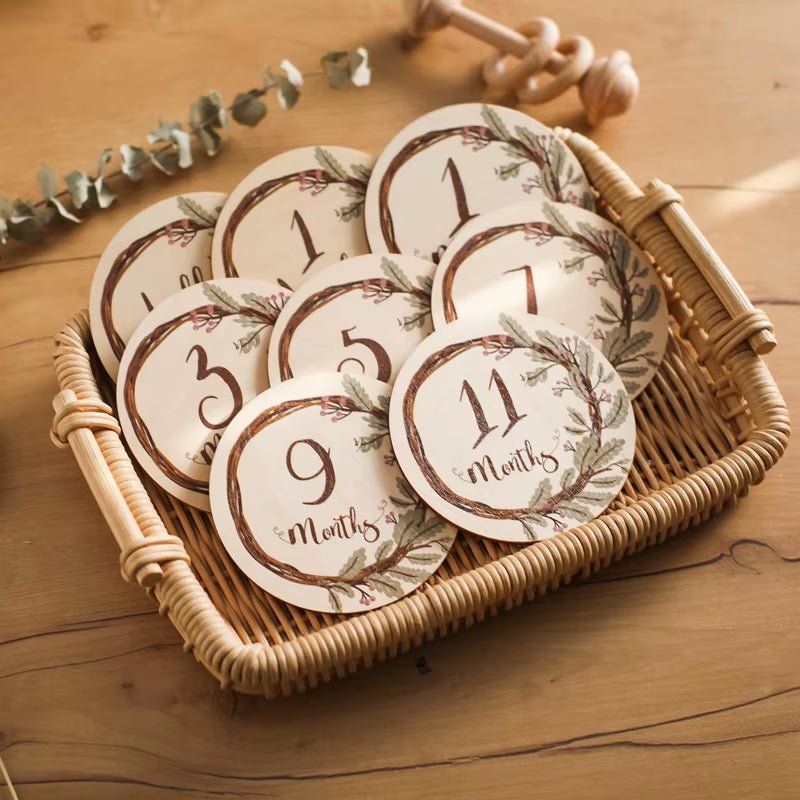 8PCS Newborns Tree Leaf Milestone 0 - 12 Month Card Wooden Baby Memories Birthday Party Decoration Children Photography Props - FLUFFI