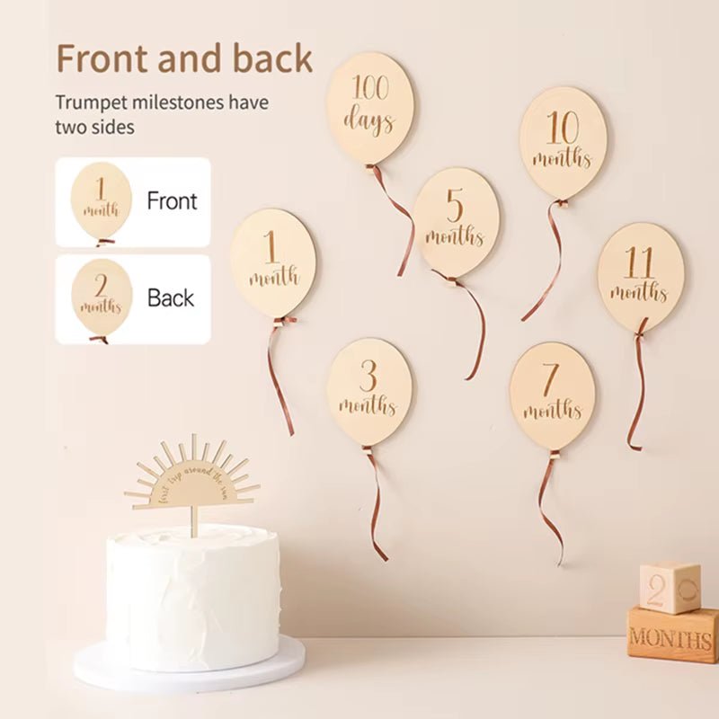 9PCS Newborn Wooden Balloon Milestone1 - 12 Month Card Wooden Baby Milestone Children Photography Props Birthday Party Decoration - FLUFFI