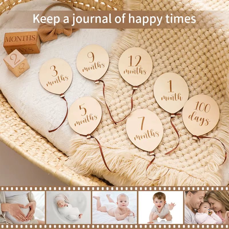 9PCS Newborn Wooden Balloon Milestone1 - 12 Month Card Wooden Baby Milestone Children Photography Props Birthday Party Decoration - FLUFFI