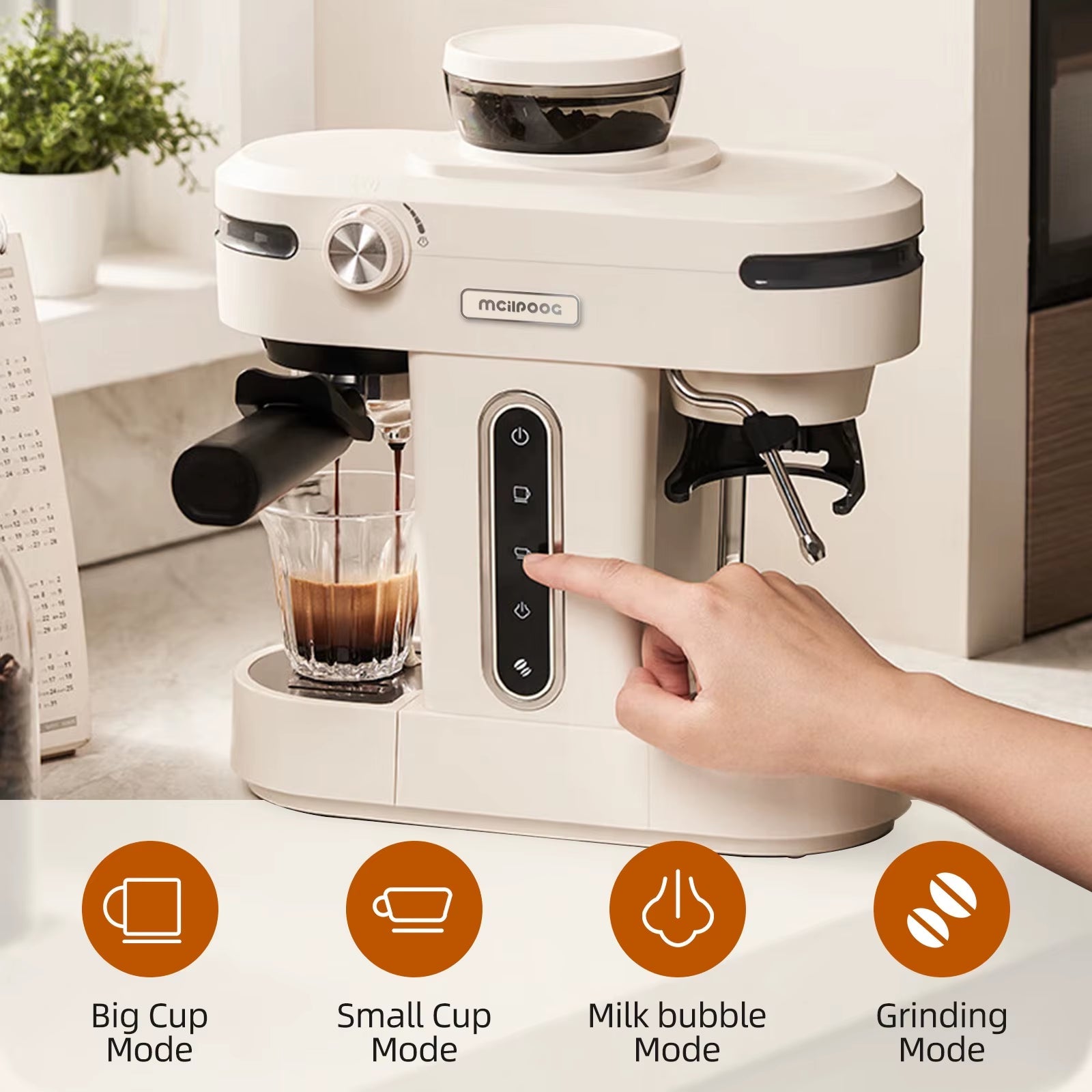 AC510 19Bar Semi Automatic Coffee Espresso Machine with Grinder & Steam Wand Espresso Maker - FLUFFI