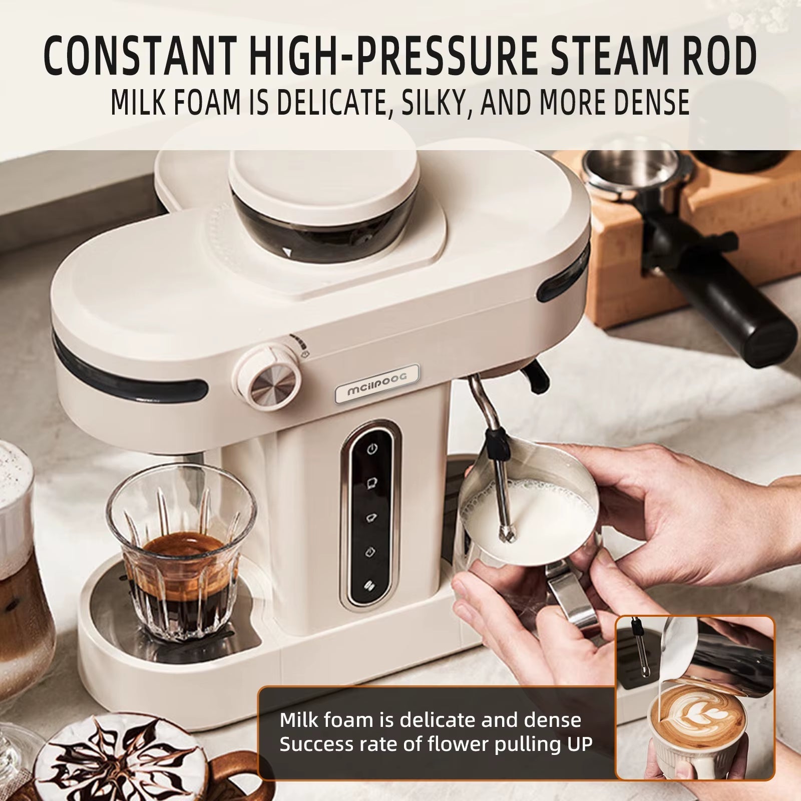 AC510 19Bar Semi Automatic Coffee Espresso Machine with Grinder & Steam Wand Espresso Maker - FLUFFI