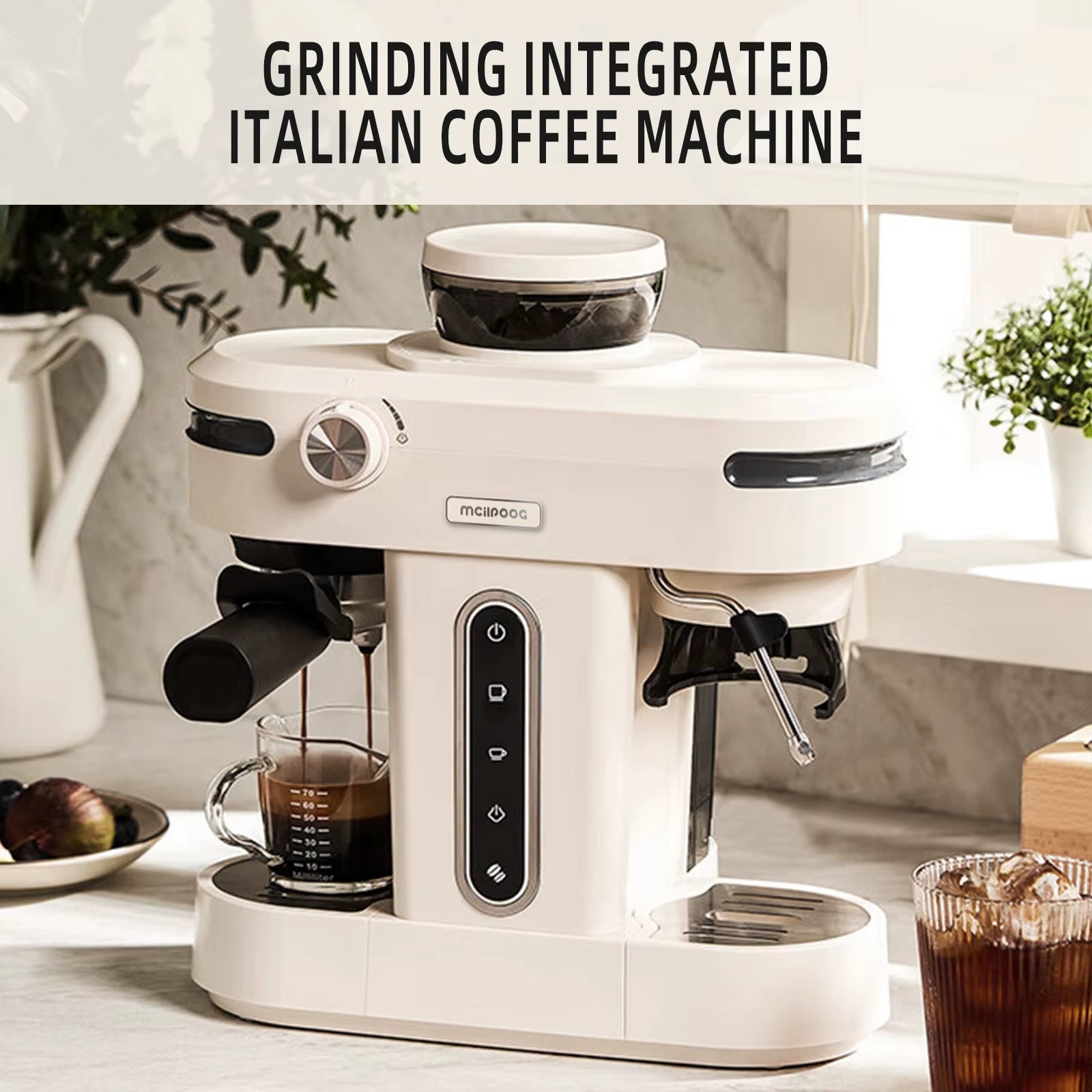 AC510 19Bar Semi Automatic Coffee Espresso Machine with Grinder & Steam Wand Espresso Maker - FLUFFI
