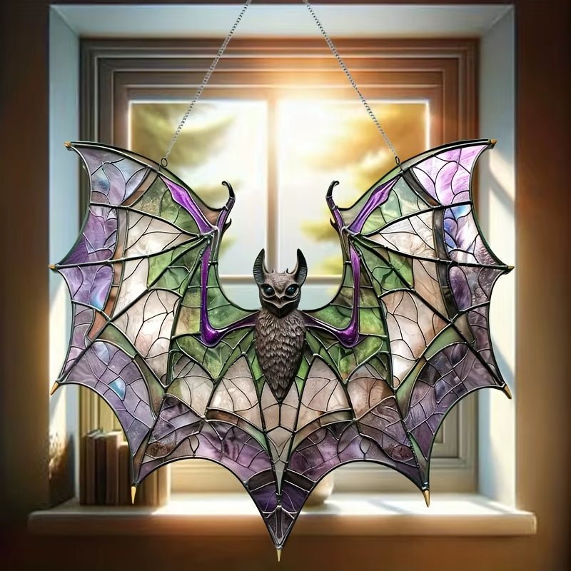 Acrylic Bat Catcher Decor Stained Glass Style Window Hanging Ornament Halloween Decor Waterproof Solvent Resistant Feather Free - FLUFFI