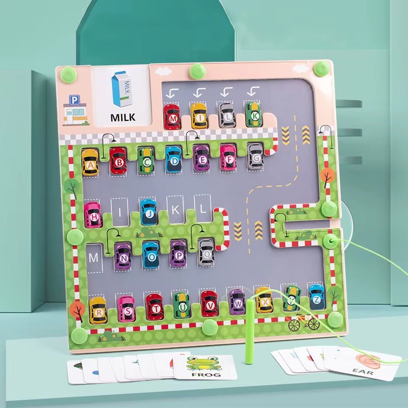 Alphabet Matching Game, Magnetic Parking Lot Maze, 26 Letters Cars Puzzle for Kids,Letters Vocabulary Learning - FLUFFI