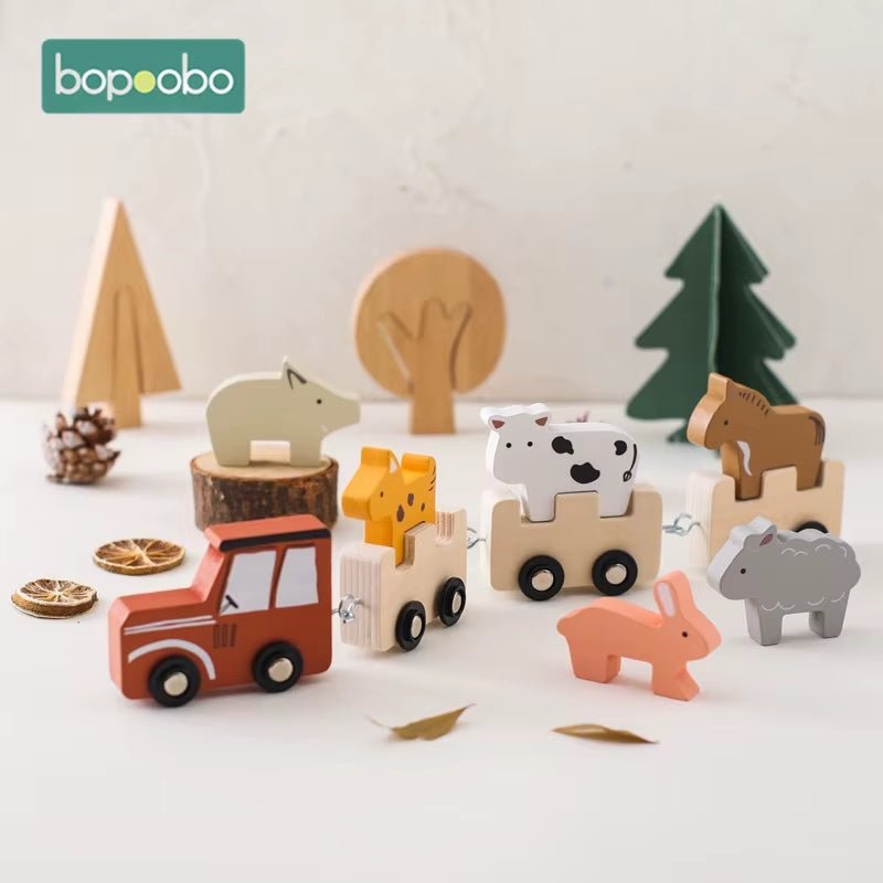 Baby Animal Train Toys Wooden Animal Stacking Toy Blocks Game Montessori Hands - On Queuing Ability Educational Children Gift - FLUFFI