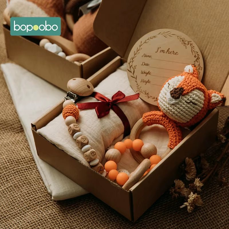 Baby Bath Set Kid Monthly Milestones Card Baby Bath Towel Cotton Blanket Brush Crochet Animal Doll Rattle Christmas Present Gift - FLUFFI