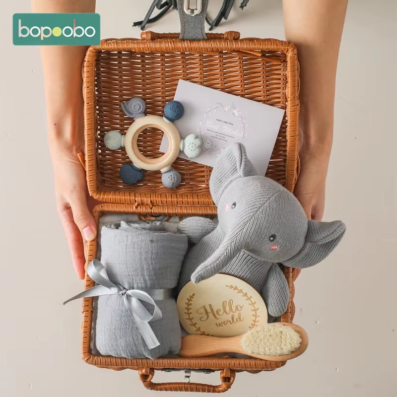 Baby Bath Set Kid Monthly Milestones Card Baby Bath Towel Cotton Blanket Brush Crochet Animal Doll Rattle Christmas Present Gift - FLUFFI