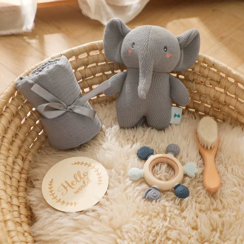 Baby Bath Set Kid Monthly Milestones Card Baby Bath Towel Cotton Blanket Brush Crochet Animal Doll Rattle Christmas Present Gift - FLUFFI