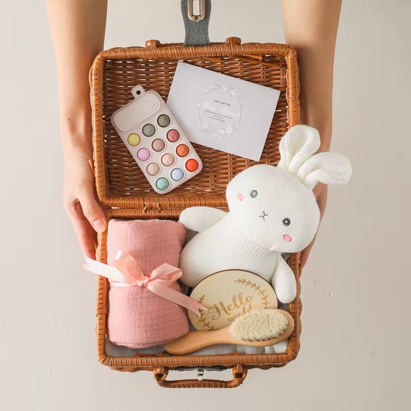 Baby Bath Set Kid Monthly Milestones Card Baby Bath Towel Cotton Blanket Brush Crochet Animal Doll Rattle Christmas Present Gift - FLUFFI