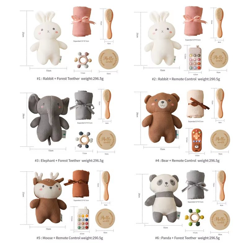 Baby Bath Set Kid Monthly Milestones Card Baby Bath Towel Cotton Blanket Brush Crochet Animal Doll Rattle Christmas Present Gift - FLUFFI