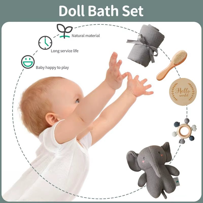 Baby Bath Set Kid Monthly Milestones Card Baby Bath Towel Cotton Blanket Brush Crochet Animal Doll Rattle Christmas Present Gift - FLUFFI