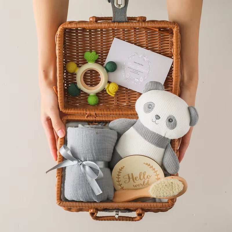 Baby Bath Set Kid Monthly Milestones Card Baby Bath Towel Cotton Blanket Brush Crochet Animal Doll Rattle Christmas Present Gift - FLUFFI
