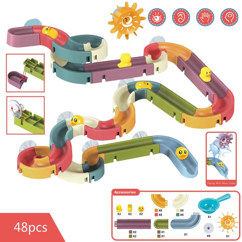 Baby Bath Toys DIY Marble Race Run Assembling Track Bathroom Bathtub Kids Play Water Spray Toy Set Stacking Cups for Children - FLUFFI