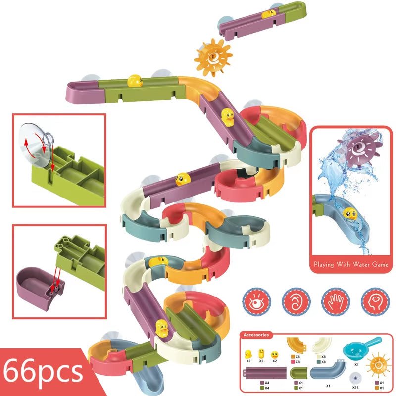 Baby Bath Toys DIY Marble Race Run Assembling Track Bathroom Bathtub Kids Play Water Spray Toy Set Stacking Cups for Children - FLUFFI