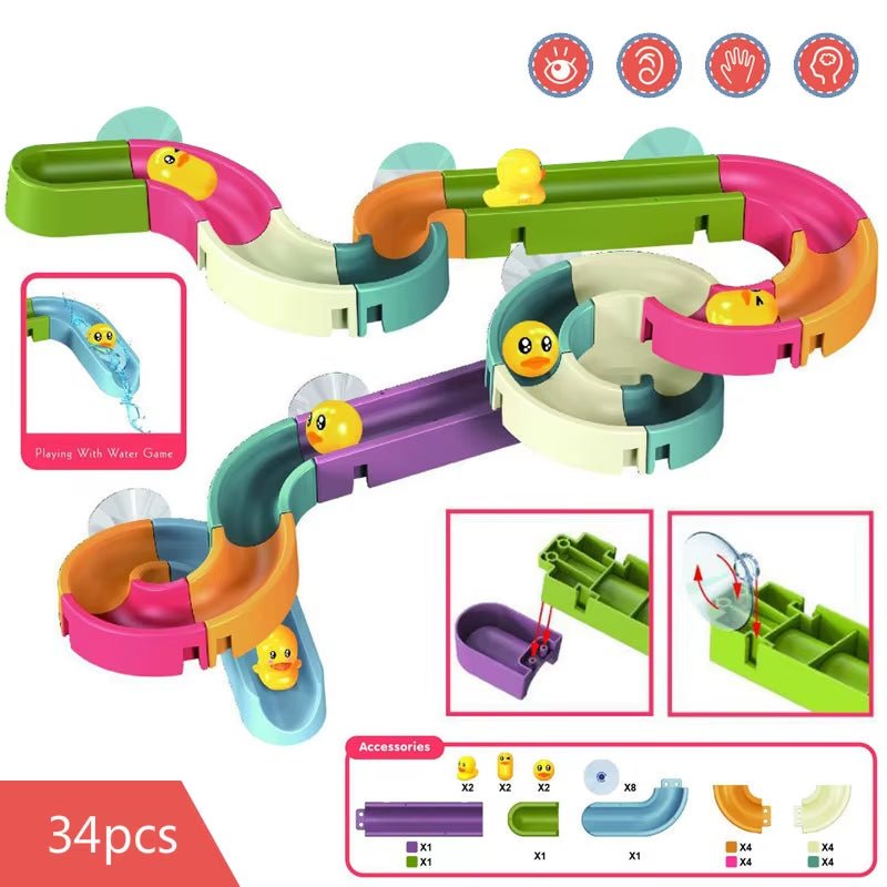 Baby Bath Toys DIY Marble Race Run Assembling Track Bathroom Bathtub Kids Play Water Spray Toy Set Stacking Cups for Children - FLUFFI