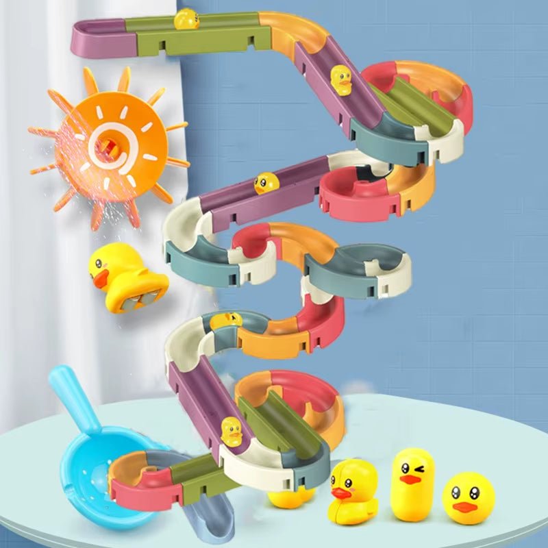 Baby Bath Toys DIY Marble Race Run Assembling Track Bathroom Bathtub Kids Play Water Spray Toy Set Stacking Cups for Children - FLUFFI