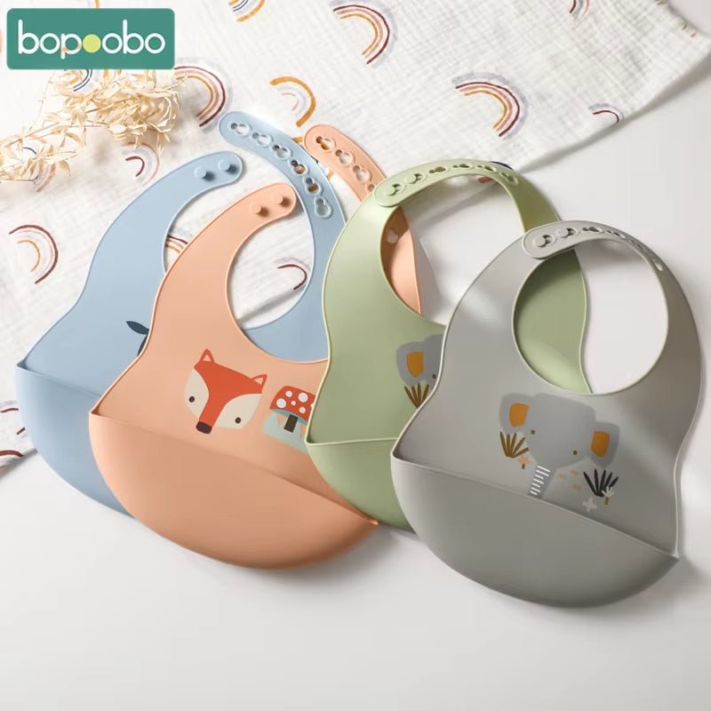 Baby Bib Adjustable Animal Picture Waterproof Saliva Dripping Bibs Soft Edible BPA Free Silicone Saliva Towel Drooling Baby Scar - FLUFFI