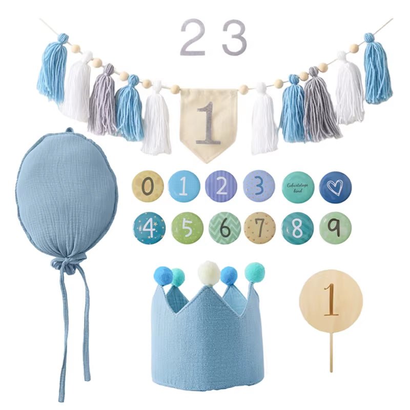 Baby Birthday Party Banner Hat Set Balloon Wall Hanging Ornaments Magic Wand Toy for 1 - 6 Year Kids Party Photography Props Gift - FLUFFI