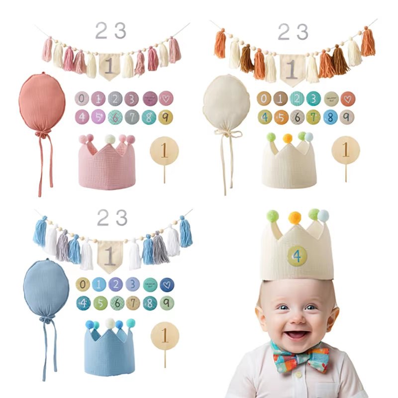 Baby Birthday Party Banner Hat Set Balloon Wall Hanging Ornaments Magic Wand Toy for 1 - 6 Year Kids Party Photography Props Gift - FLUFFI