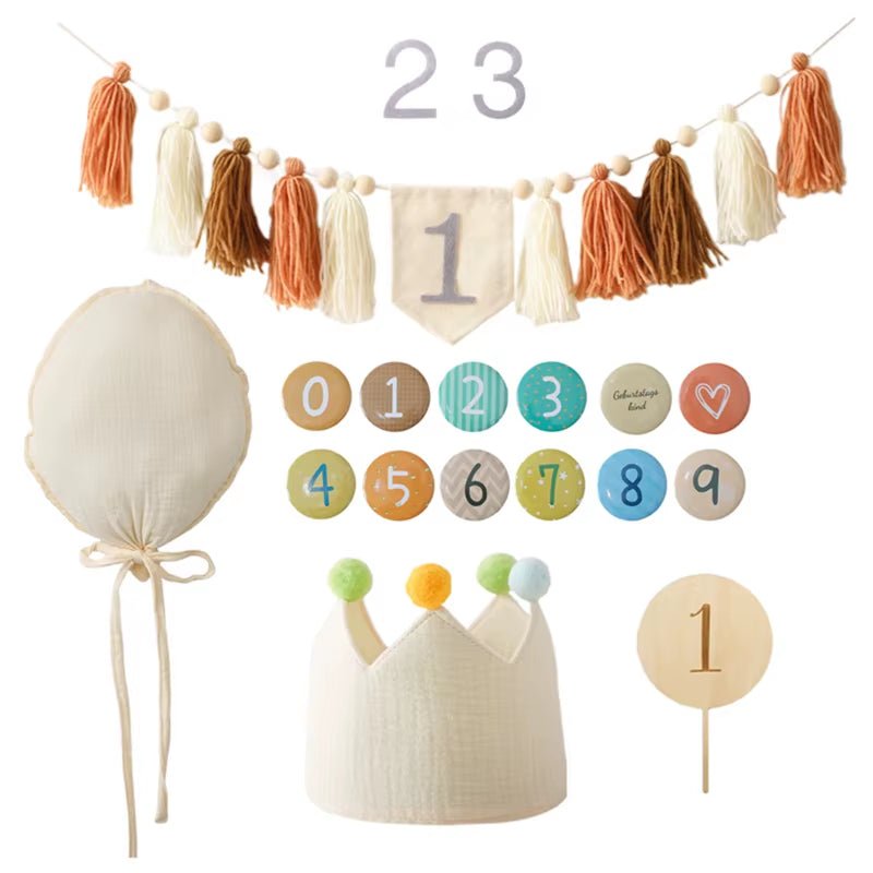Baby Birthday Party Banner Hat Set Balloon Wall Hanging Ornaments Magic Wand Toy for 1 - 6 Year Kids Party Photography Props Gift - FLUFFI