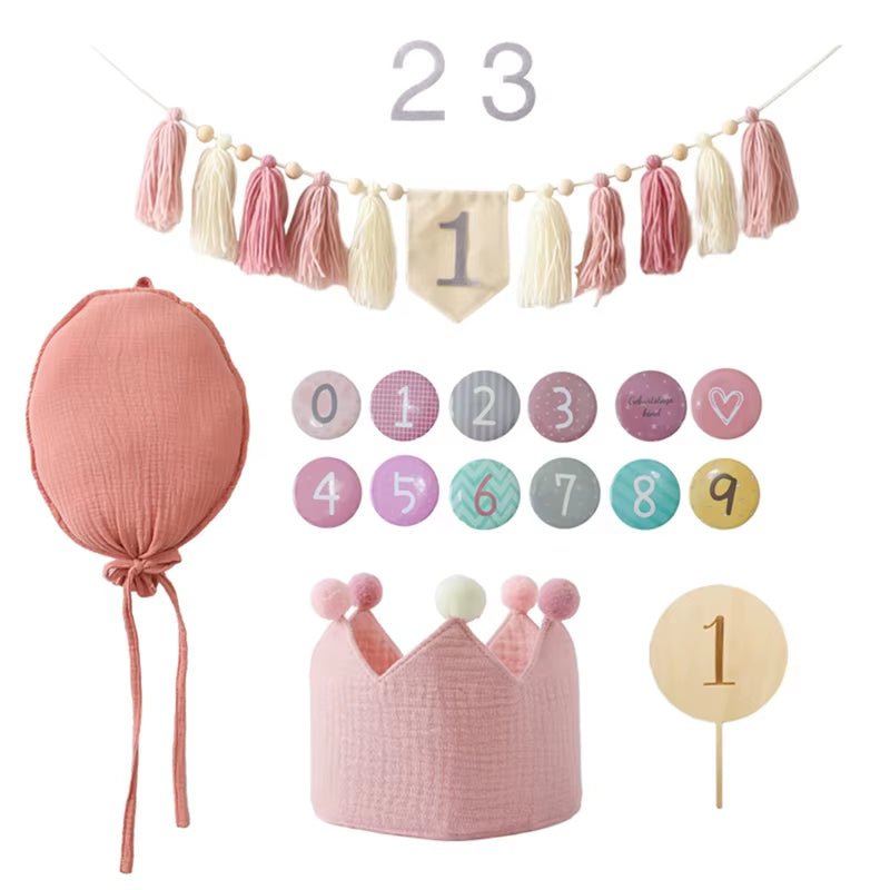 Baby Birthday Party Banner Hat Set Balloon Wall Hanging Ornaments Magic Wand Toy for 1 - 6 Year Kids Party Photography Props Gift - FLUFFI