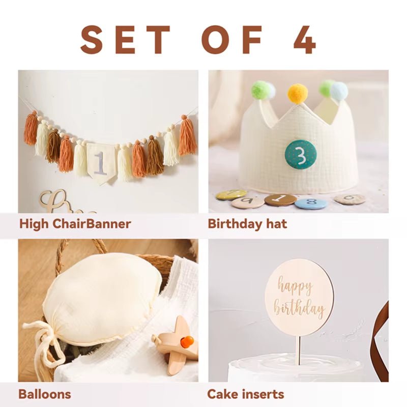 Baby Birthday Party Banner Hat Set Balloon Wall Hanging Ornaments Magic Wand Toy for 1 - 6 Year Kids Party Photography Props Gift - FLUFFI