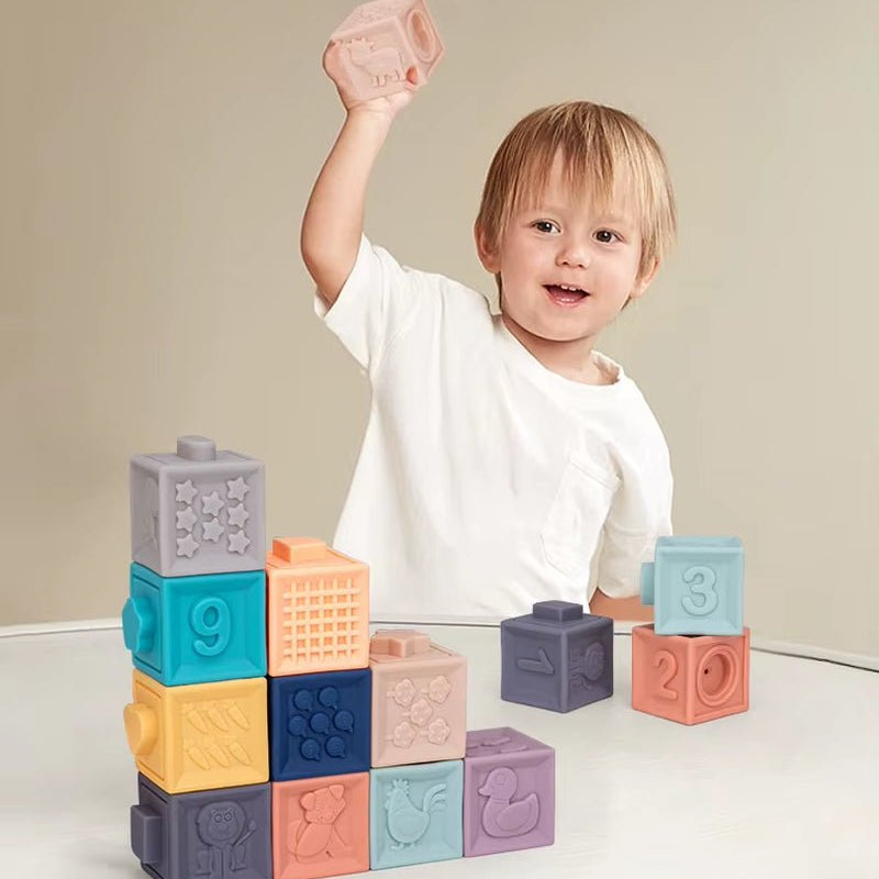 Baby Blocks Touch Toys Soft Cubes for Children Montessori Bebe Kids Toy Building Blocks 3D Massage Rubber Vinyl Bath Squeeze Toy - FLUFFI