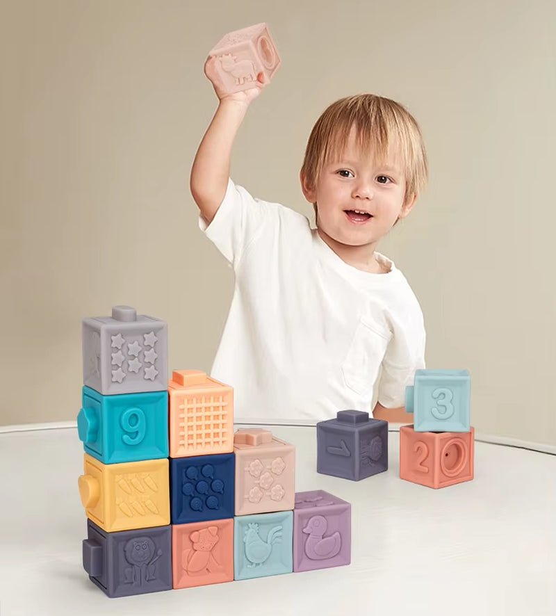 Baby Blocks Touch Toys Soft Cubes for Children Montessori Bebe Kids Toy Building Blocks 3D Massage Rubber Vinyl Bath Squeeze Toy - FLUFFI