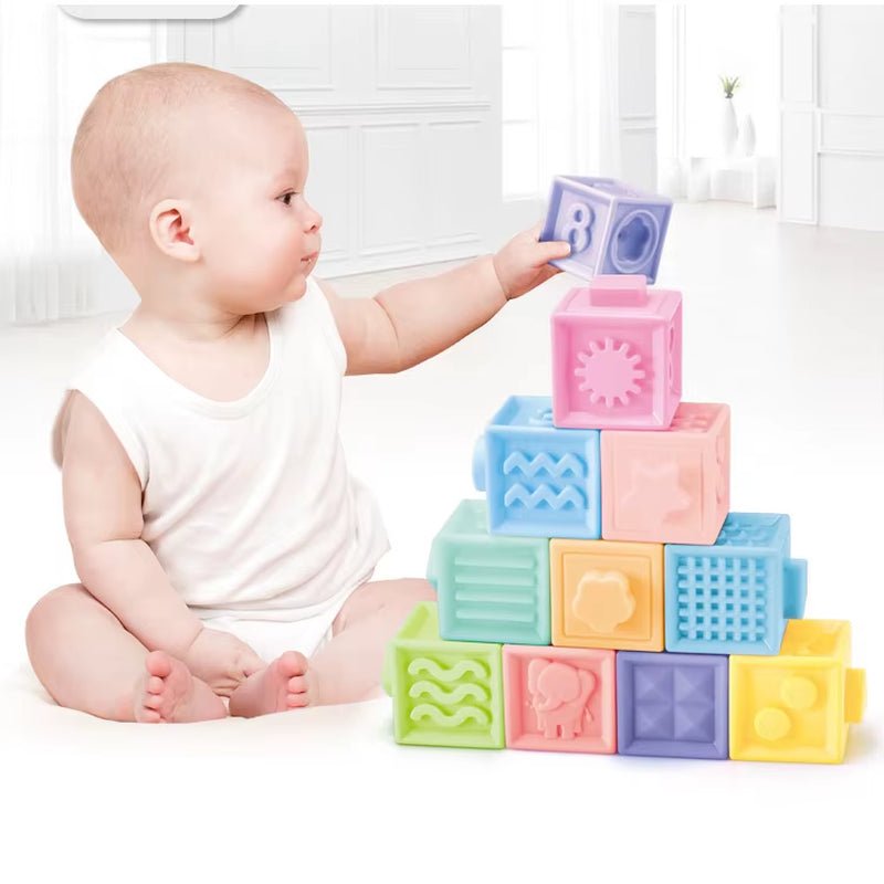 Baby Blocks Touch Toys Soft Cubes for Children Montessori Bebe Kids Toy Building Blocks 3D Massage Rubber Vinyl Bath Squeeze Toy - FLUFFI