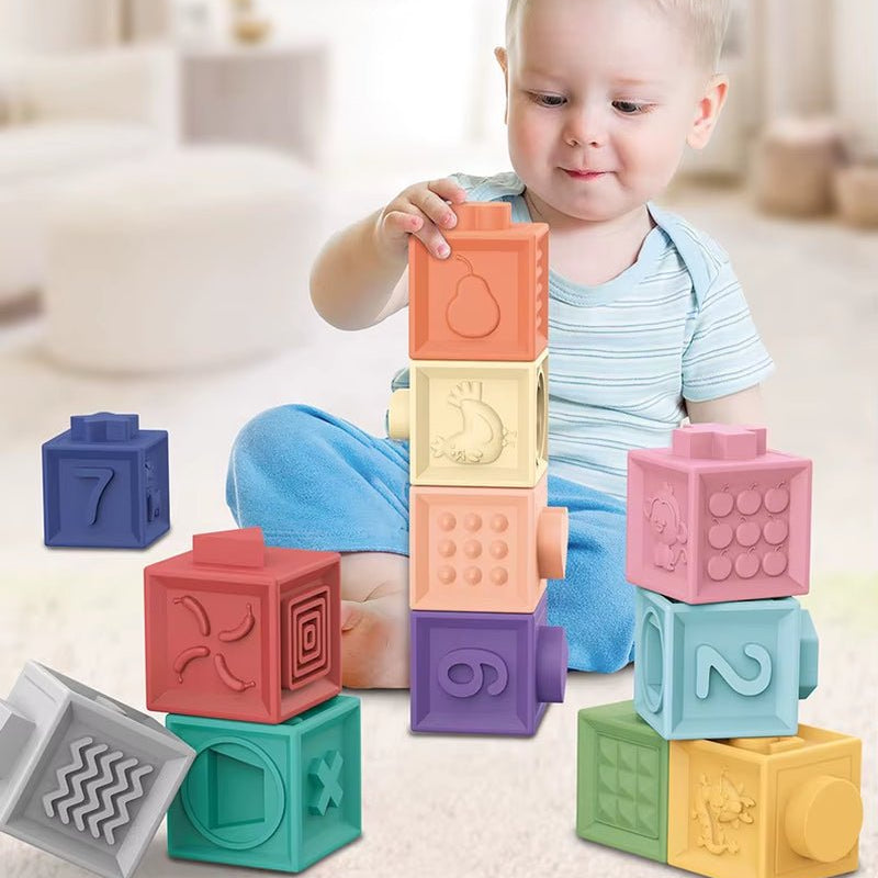 Baby Blocks Touch Toys Soft Cubes for Children Montessori Bebe Kids Toy Building Blocks 3D Massage Rubber Vinyl Bath Squeeze Toy - FLUFFI