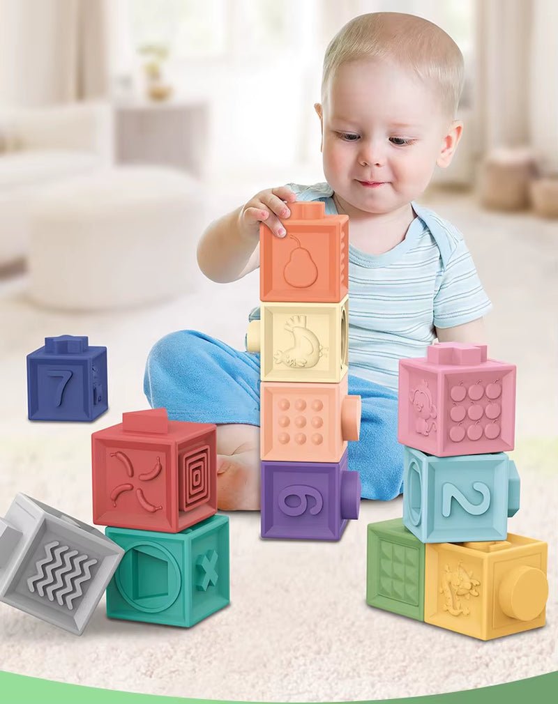 Baby Blocks Touch Toys Soft Cubes for Children Montessori Bebe Kids Toy Building Blocks 3D Massage Rubber Vinyl Bath Squeeze Toy - FLUFFI