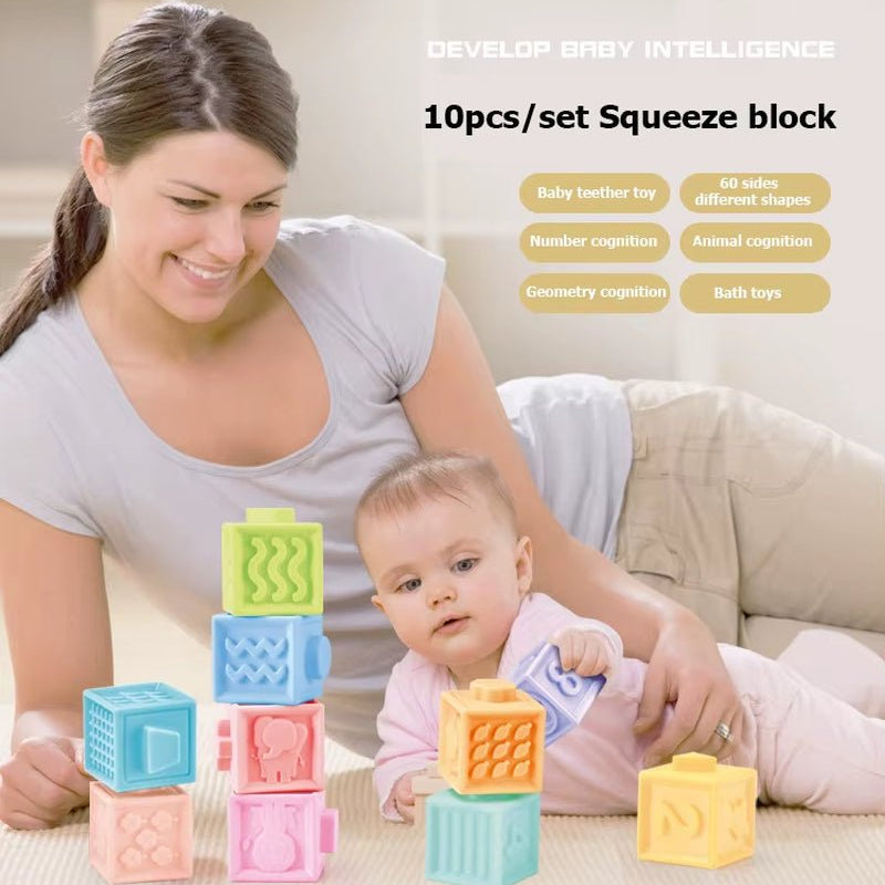 Baby Blocks Touch Toys Soft Cubes for Children Montessori Bebe Kids Toy Building Blocks 3D Massage Rubber Vinyl Bath Squeeze Toy - FLUFFI