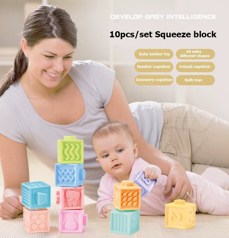 Baby Blocks Touch Toys Soft Cubes for Children Montessori Bebe Kids Toy Building Blocks 3D Massage Rubber Vinyl Bath Squeeze Toy - FLUFFI
