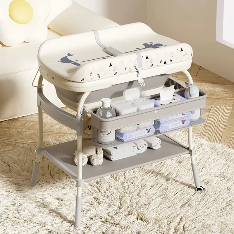 Baby Changing Table with Bathtub 2 in 1 Portable Foldable Infant Diaper Changing Table with Storage Tray 2 Wheels Anti - Rollover - FLUFFI