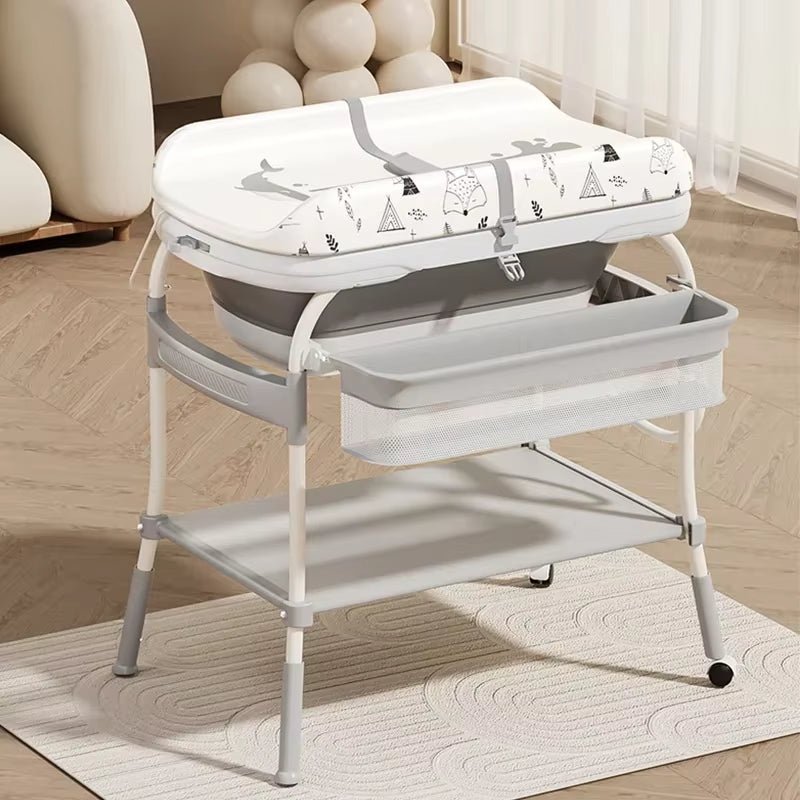 Baby Changing Table with Bathtub 2 in 1 Portable Foldable Infant Diaper Changing Table with Storage Tray 2 Wheels Anti - Rollover - FLUFFI