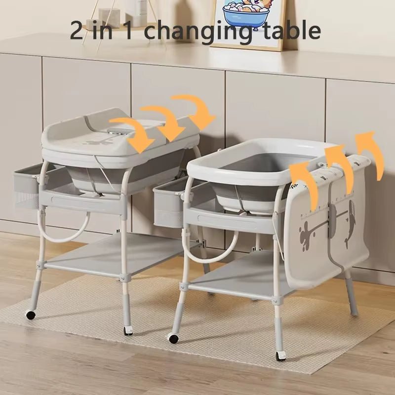 Baby Changing Table with Bathtub 2 in 1 Portable Foldable Infant Diaper Changing Table with Storage Tray 2 Wheels Anti - Rollover - FLUFFI
