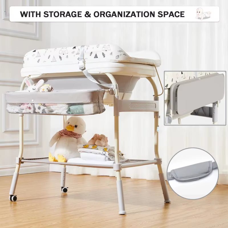 Baby Changing Table with Bathtub 2 in 1 Portable Foldable Infant Diaper Changing Table with Storage Tray 2 Wheels Anti - Rollover - FLUFFI