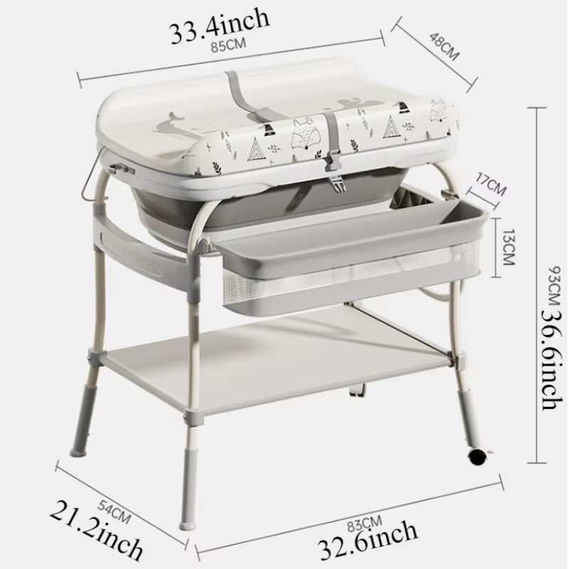 Baby Changing Table with Bathtub 2 in 1 Portable Foldable Infant Diaper Changing Table with Storage Tray 2 Wheels Anti - Rollover - FLUFFI