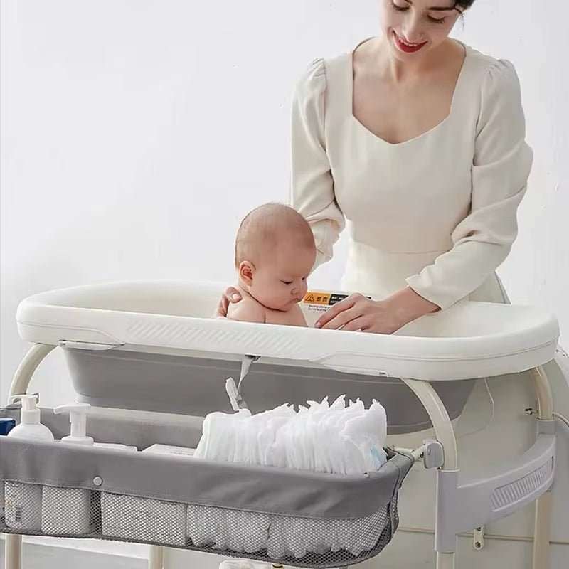 Baby Changing Table with Bathtub 2 in 1 Portable Foldable Infant Diaper Changing Table with Storage Tray 2 Wheels Anti - Rollover - FLUFFI