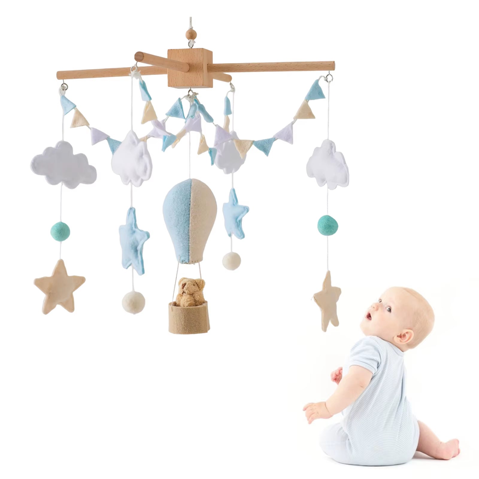 Baby Crib Mobile Bed Bell Soft Felt Hot Air Balloon Wind Chime Pendant Bed Bell Wooden Newborn Comfort Bed Bell Toys Baby Gift - FLUFFI