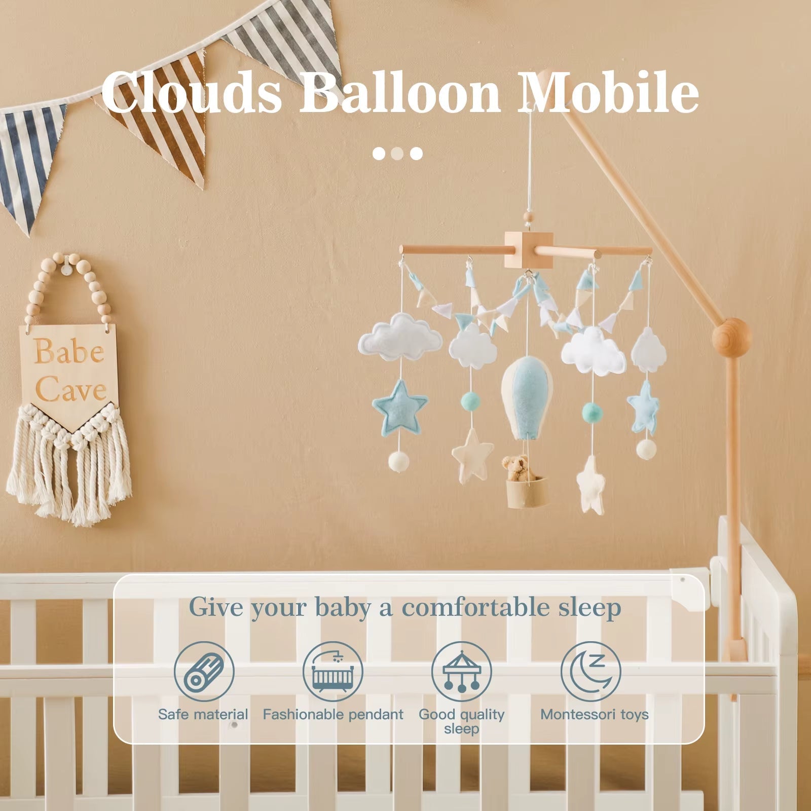 Baby Crib Mobile Bed Bell Soft Felt Hot Air Balloon Wind Chime Pendant Bed Bell Wooden Newborn Comfort Bed Bell Toys Baby Gift - FLUFFI
