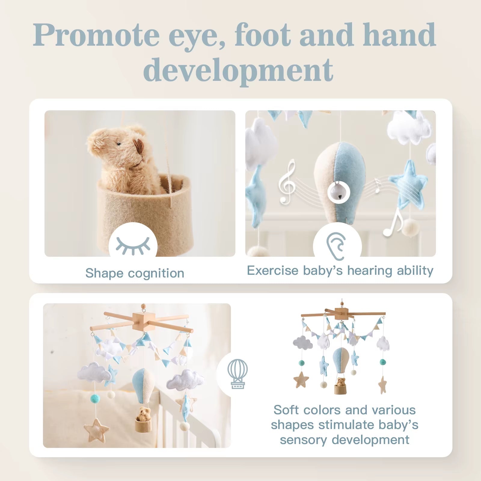 Baby Crib Mobile Bed Bell Soft Felt Hot Air Balloon Wind Chime Pendant Bed Bell Wooden Newborn Comfort Bed Bell Toys Baby Gift - FLUFFI