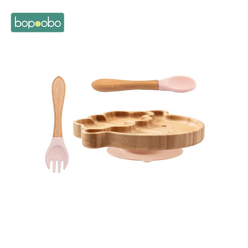 Baby Feeding Bowl Baby Dinner Plate Cartoon Sheep Bamboo Kids Feeding Dinnerware with Silicone Suction Cup Wooden Fork Spoo - FLUFFI