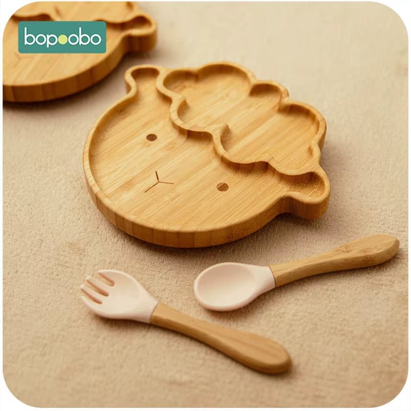 Baby Feeding Bowl Baby Dinner Plate Cartoon Sheep Bamboo Kids Feeding Dinnerware with Silicone Suction Cup Wooden Fork Spoo - FLUFFI