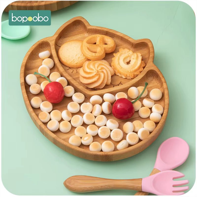 Baby Feeding Bowl Baby Dinner Plate Cartoon Sheep Bamboo Kids Feeding Dinnerware with Silicone Suction Cup Wooden Fork Spoo - FLUFFI