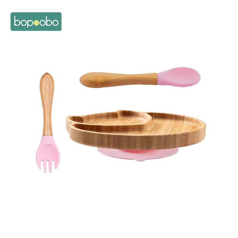 Baby Feeding Bowl Baby Dinner Plate Cartoon Sheep Bamboo Kids Feeding Dinnerware with Silicone Suction Cup Wooden Fork Spoo - FLUFFI