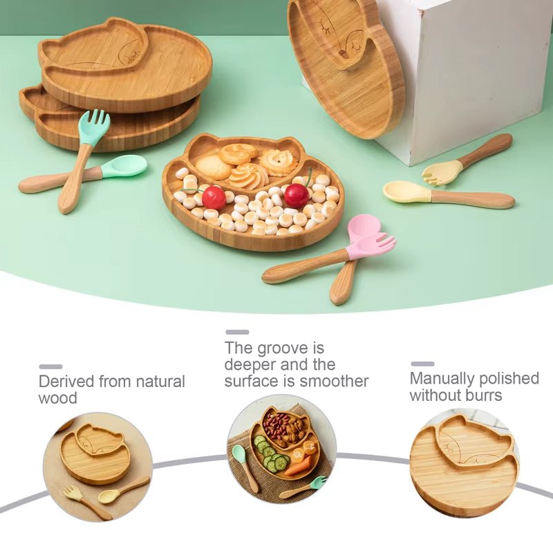Baby Feeding Bowl Baby Dinner Plate Cartoon Sheep Bamboo Kids Feeding Dinnerware with Silicone Suction Cup Wooden Fork Spoo - FLUFFI