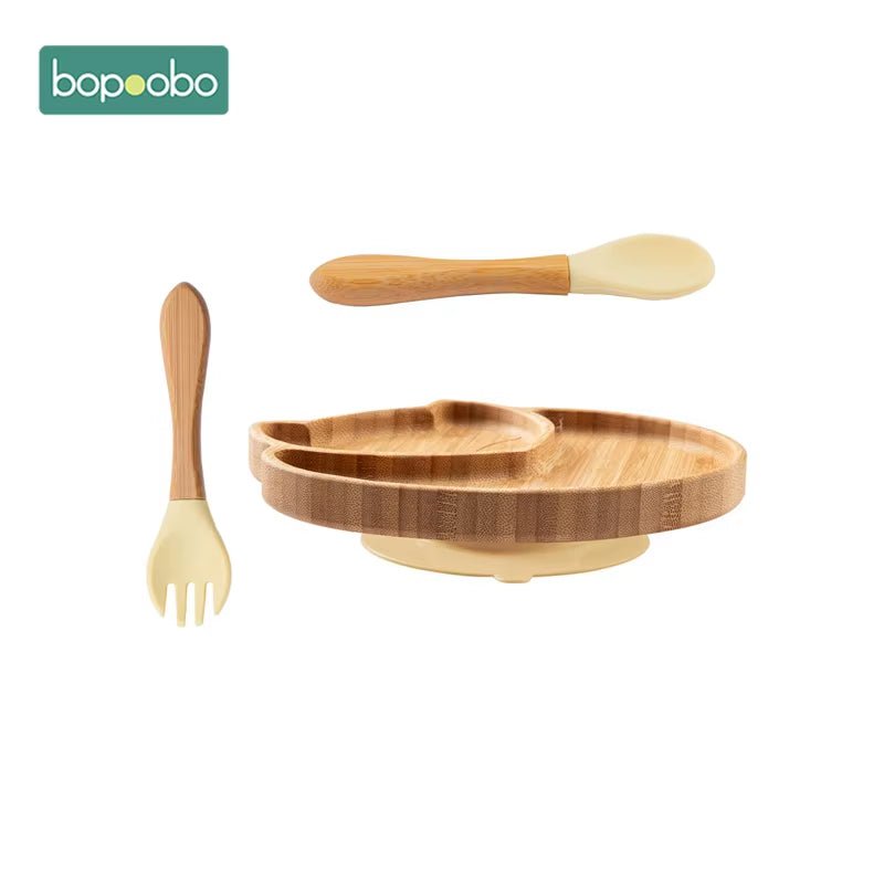 Baby Feeding Bowl Baby Dinner Plate Cartoon Sheep Bamboo Kids Feeding Dinnerware with Silicone Suction Cup Wooden Fork Spoo - FLUFFI
